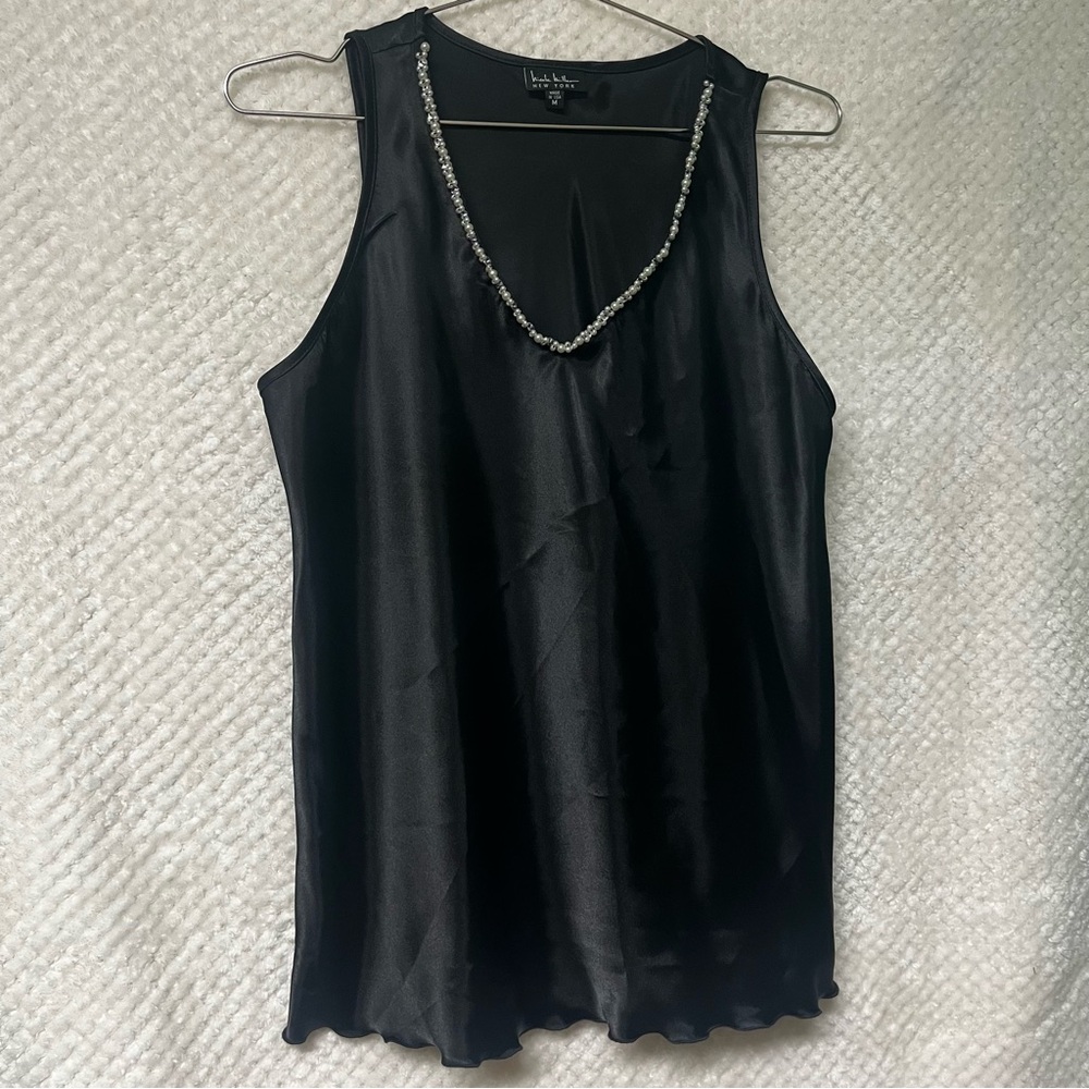 Nicole Miller Black Tank Top with Pearl Beaded Detail V Neck Silky Size Medium